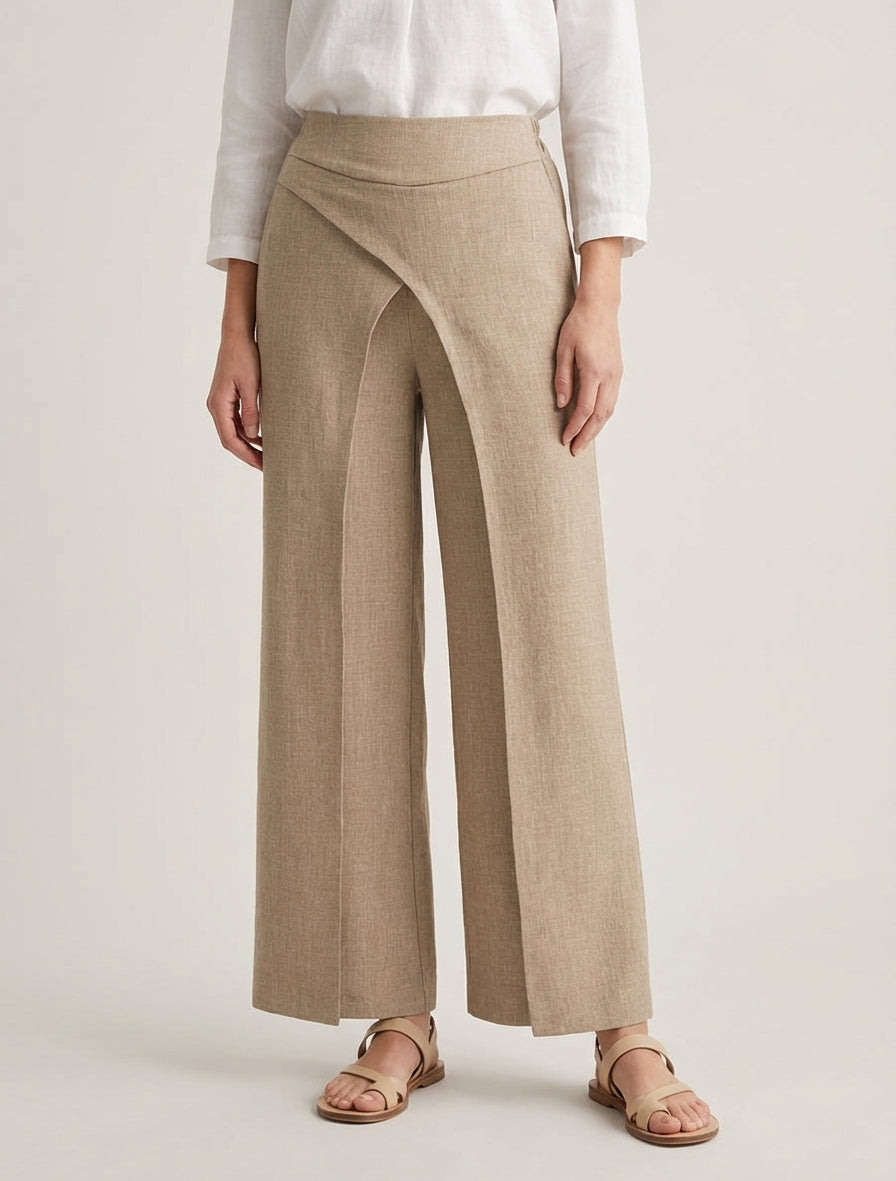 Pantalon droit effet lin à double pans - Taupe