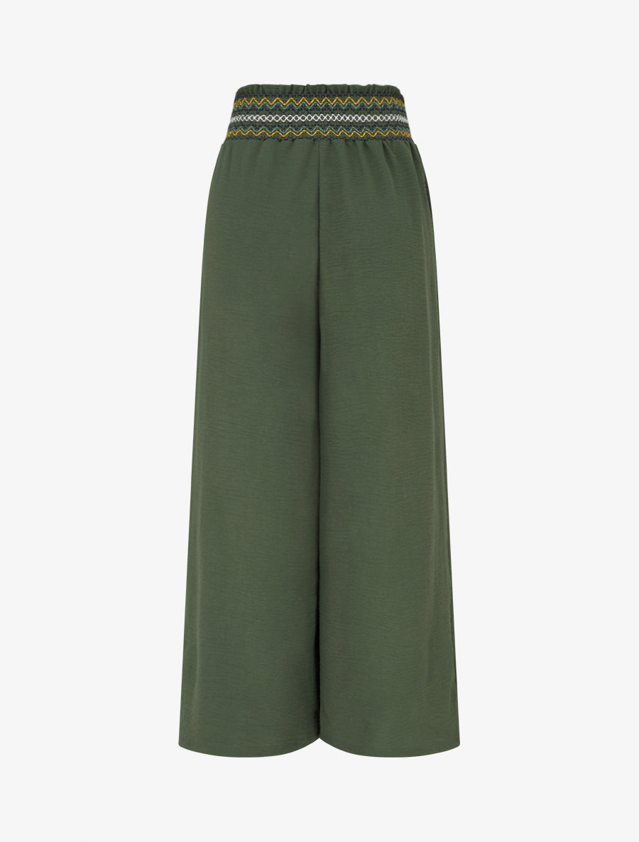 Pantalon droit à taille haute élastiquée - Kaki - 2