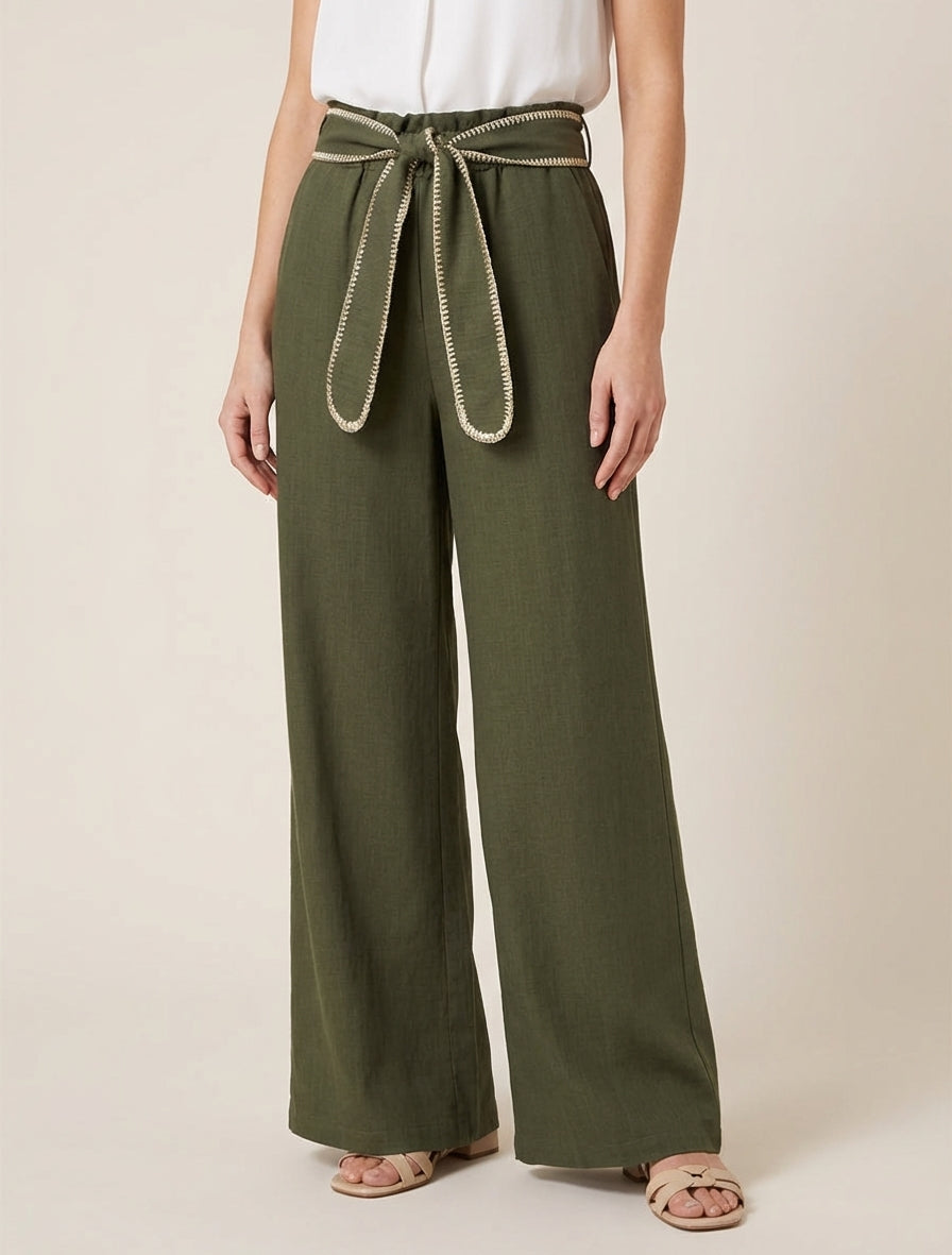 Pantalon ceinturé à détail irisé - Kaki