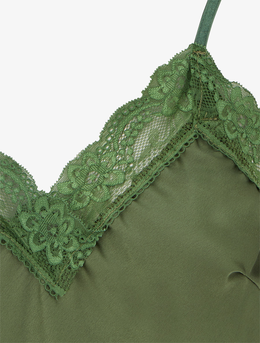 Caraco satiné à col en dentelle - Kaki - 3