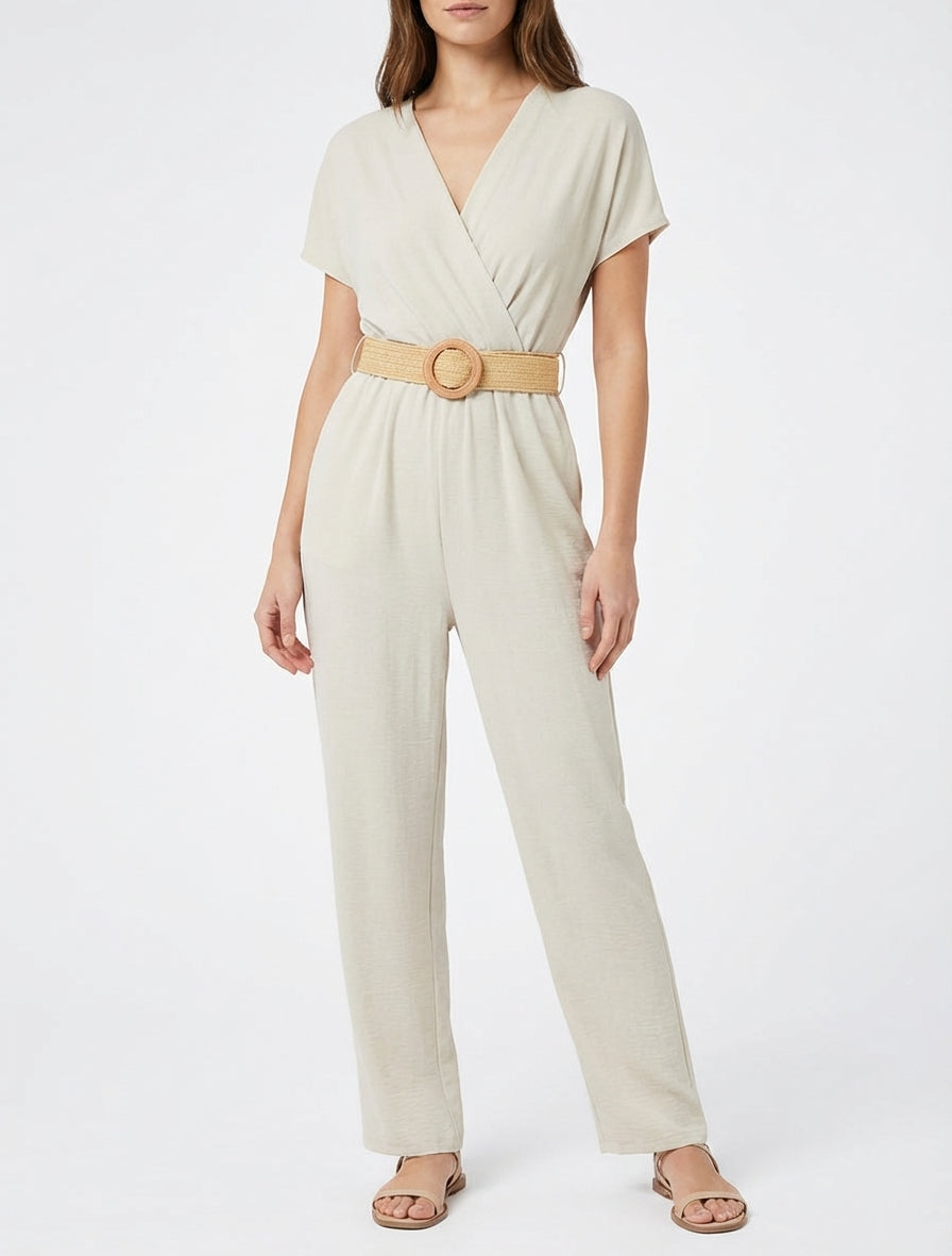 Combinaison cache-cœur ceinturée - Beige