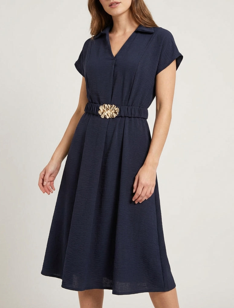 Robe fluide col V ceinturée - Marine