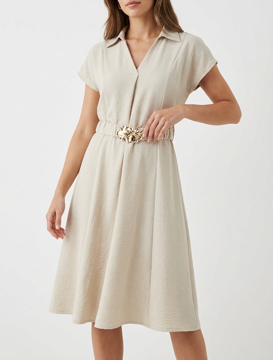 Robe fluide encolure V à rabat - Beige