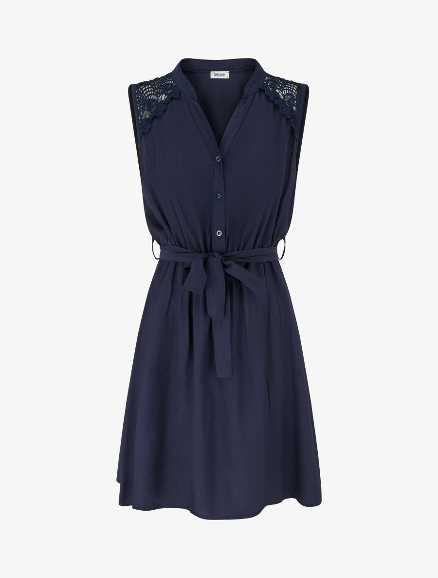 Robe mi-longue boutonnée sans manches - Marine - 1