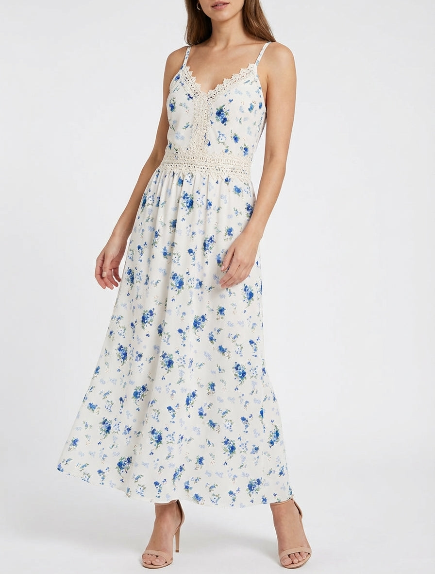 Robe longue imprimé petites fleurs à détail crochet - Bleu
