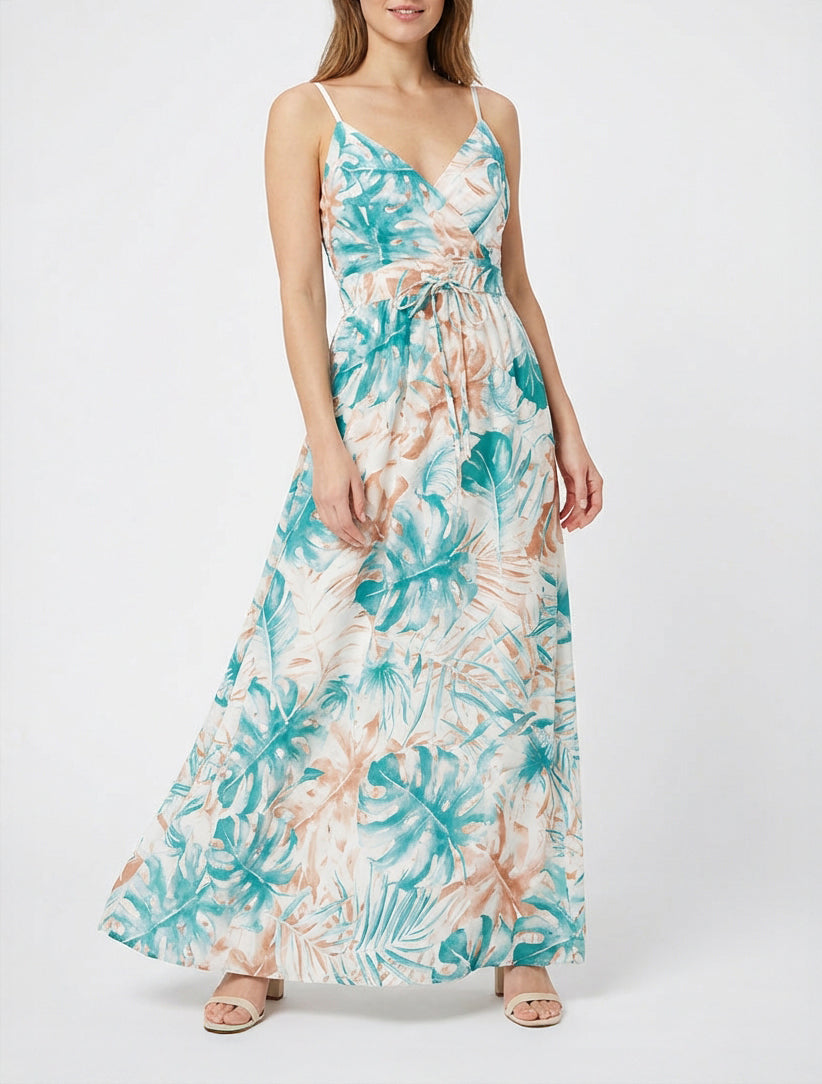 Robe longue à dos élastiqué imprimé feuillage - Turquoise