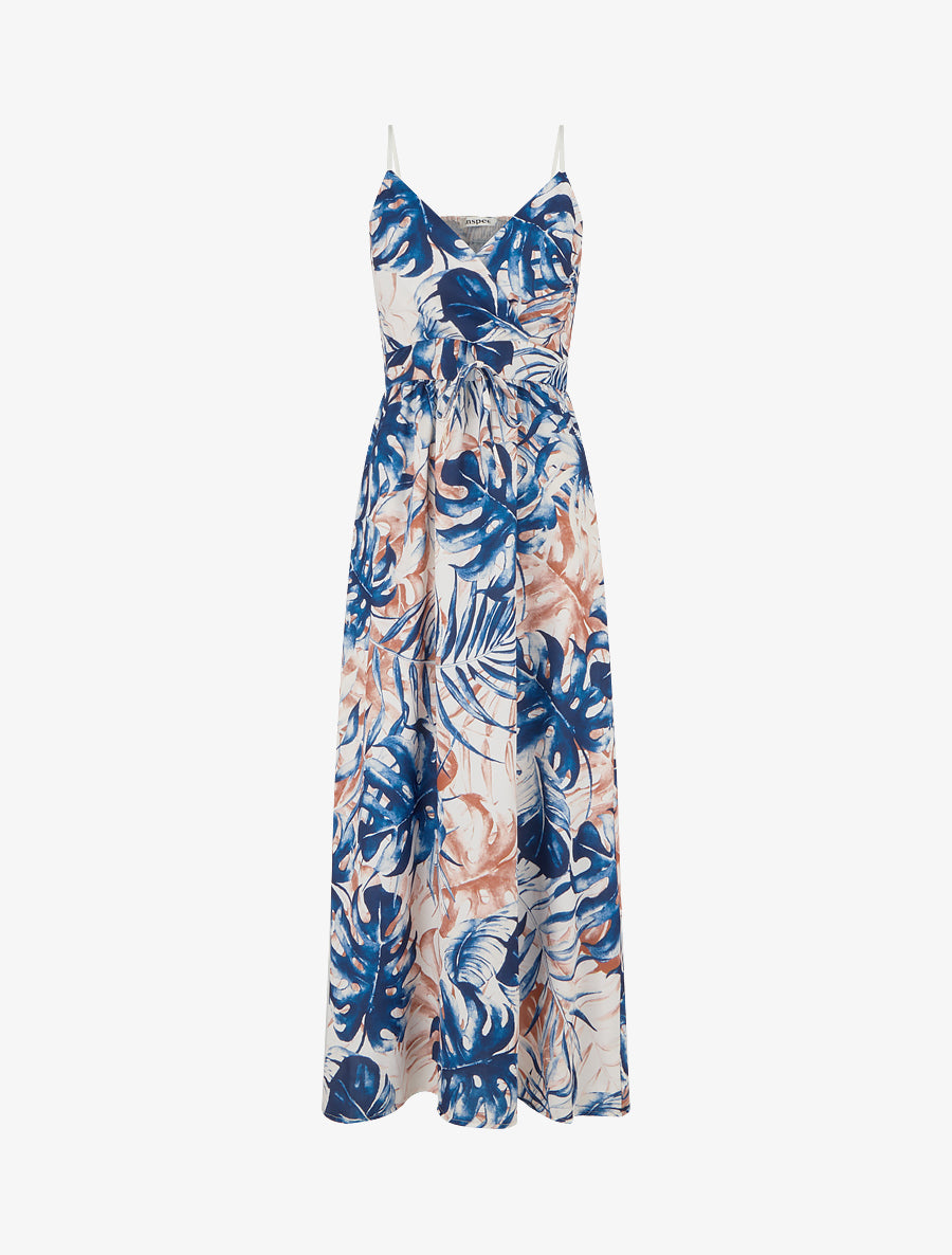 Robe longue à dos élastiqué imprimé feuillage - Marine - 1