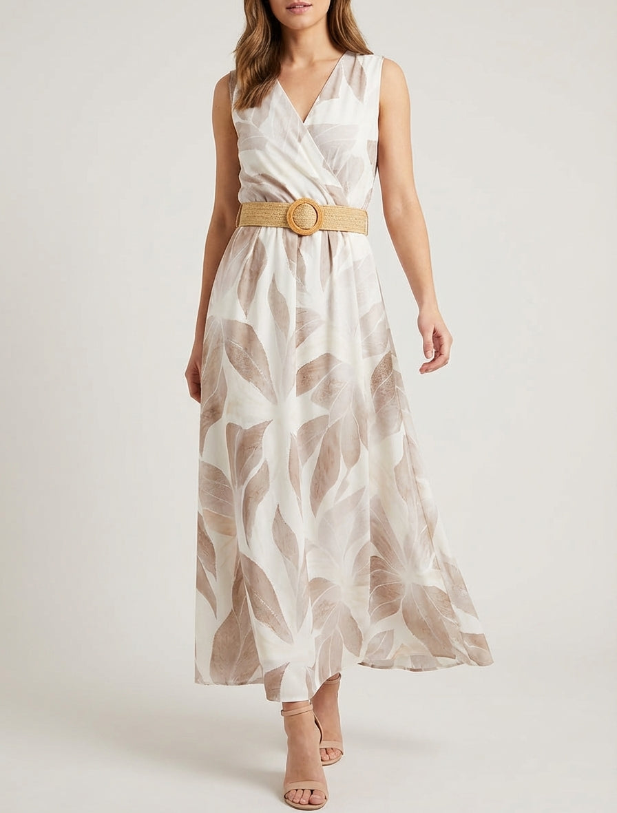 Robe imprimé feuilles à col cache-coeur - Beige