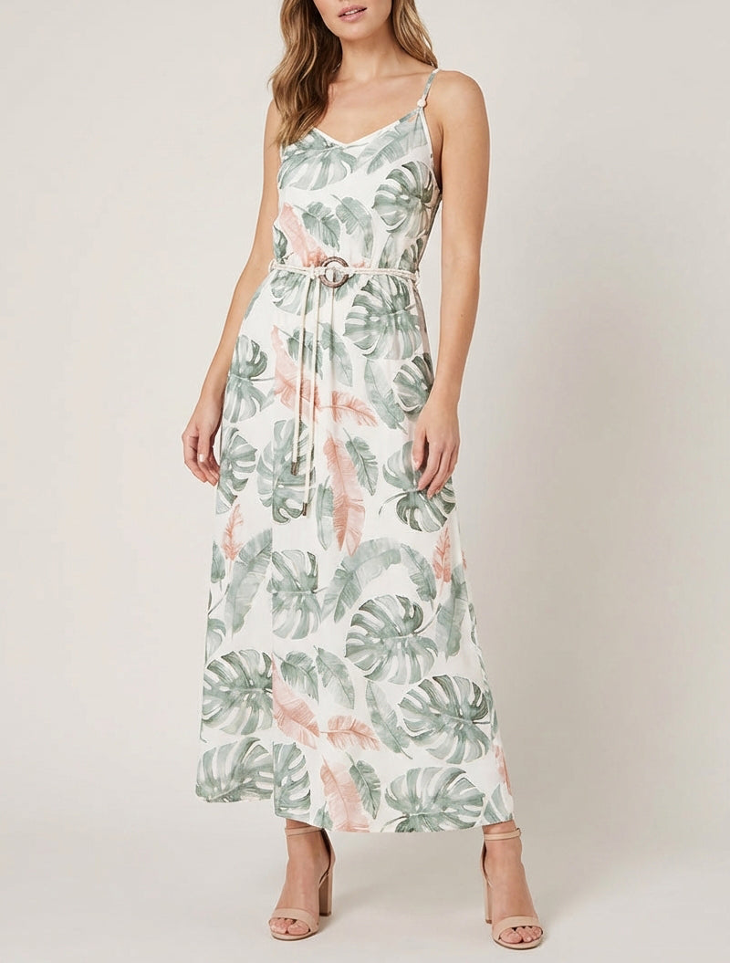 Robe longue imprimé feuillage à taille élastiquée - Kaki