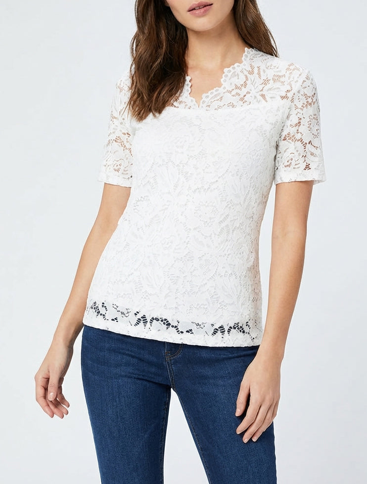 Top en dentelle à manches courtes - Blanc