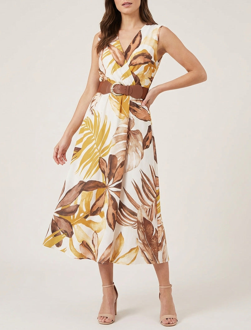 Robe sans manches imprimé feuillage - Jaune moutarde