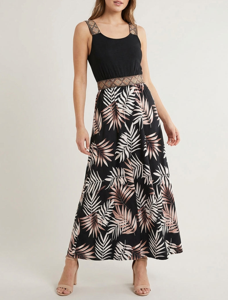 Robe imprimé feuillage à bretelles stylisées - Noir