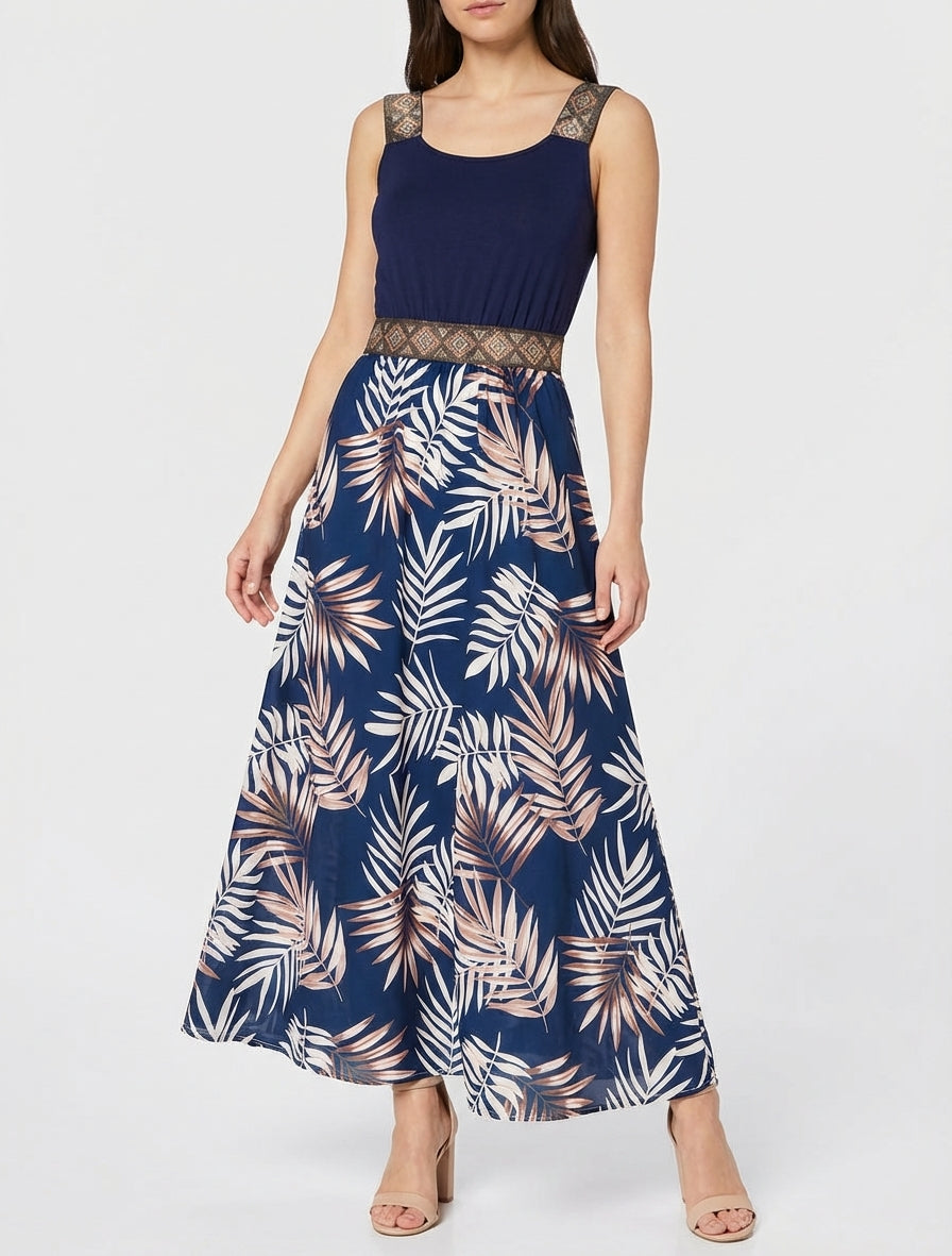 Robe imprimé feuillage à bretelles stylisées - Marine