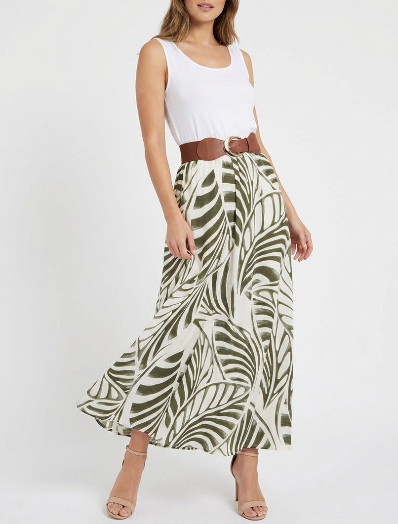 Robe longue évasée imprimé feuilles - Kaki