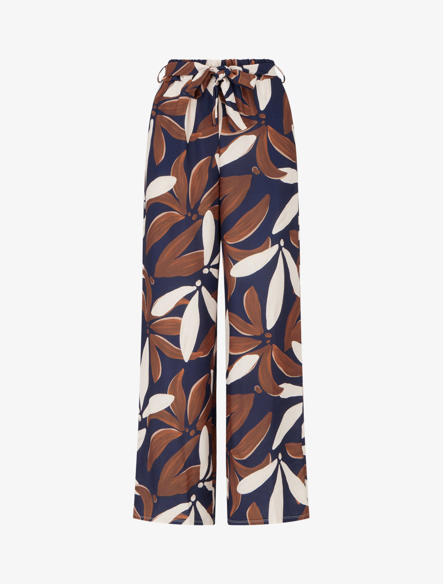 Pantalon élastiqué à imprimé floral - Marine - 1