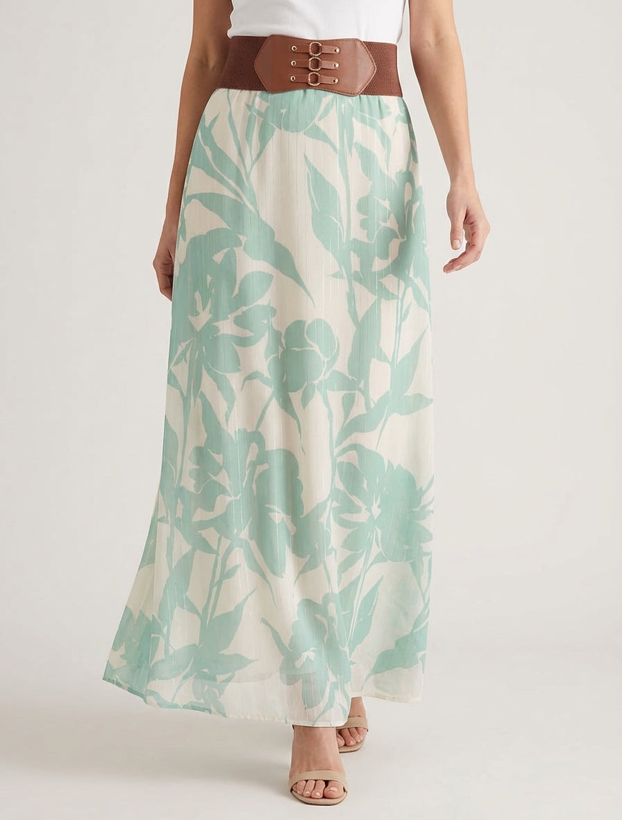 Jupe longue imprimé floral à rayures irisées - Vert d&