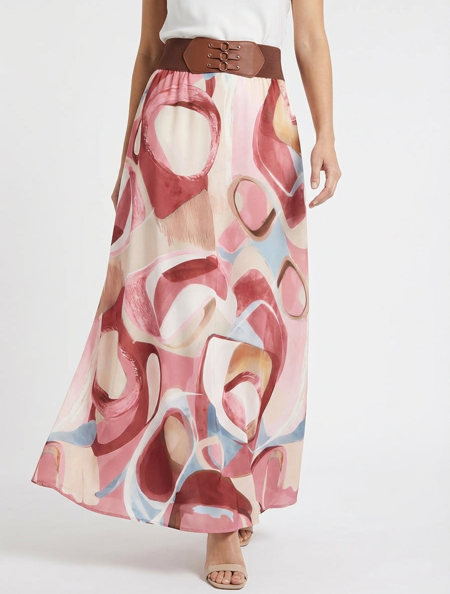 Jupe longue imprimé abstrait à taille fantaisie - Rose