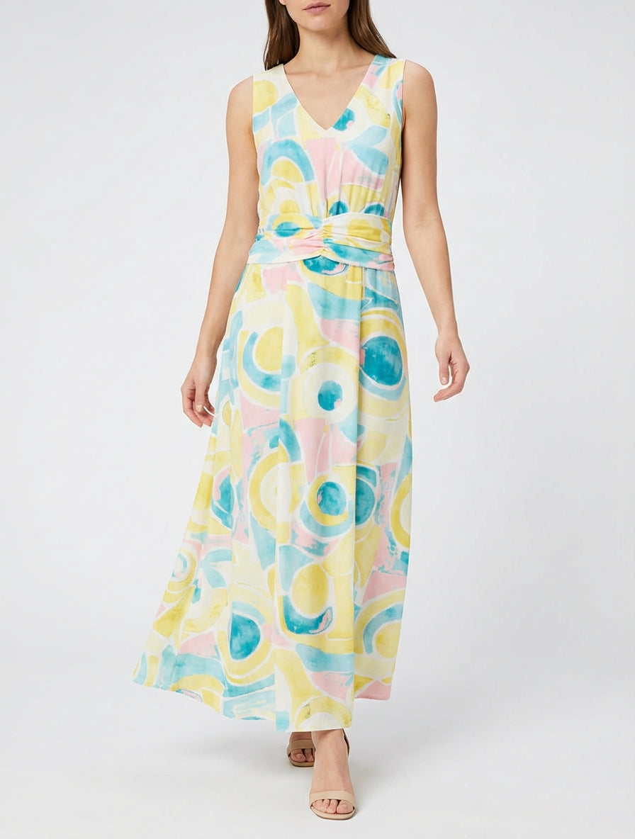 Robe imprimé abstrait à taille élastiquée - Jaune