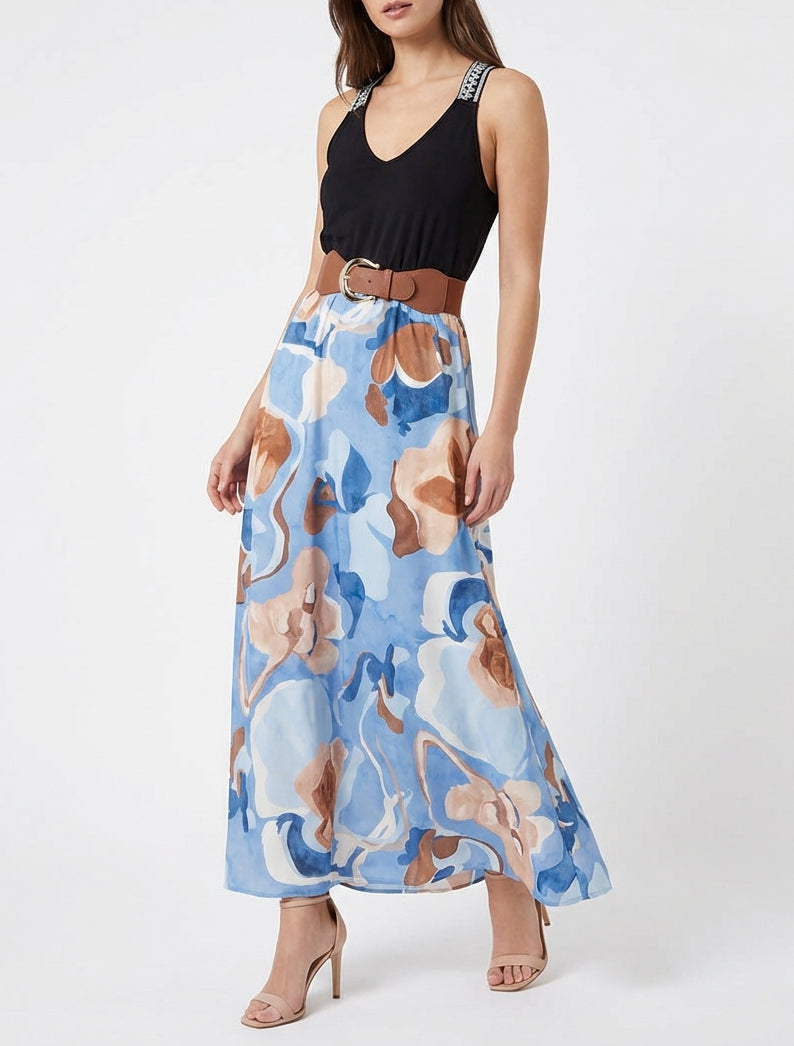 Robe longue imprimé fantaisie - Bleu ciel