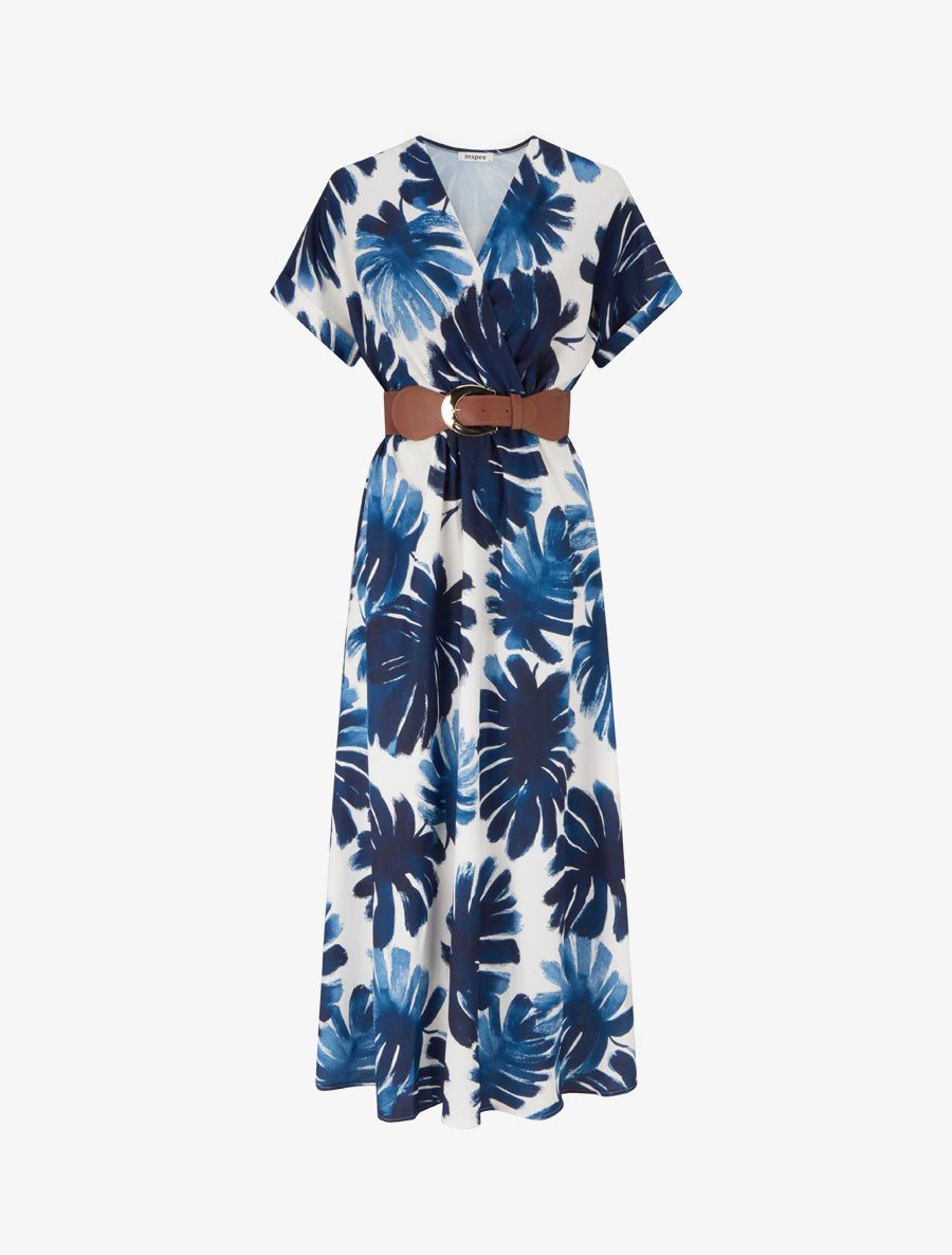 Robe longue manches courtes imprimé feuillage - Marine - 1