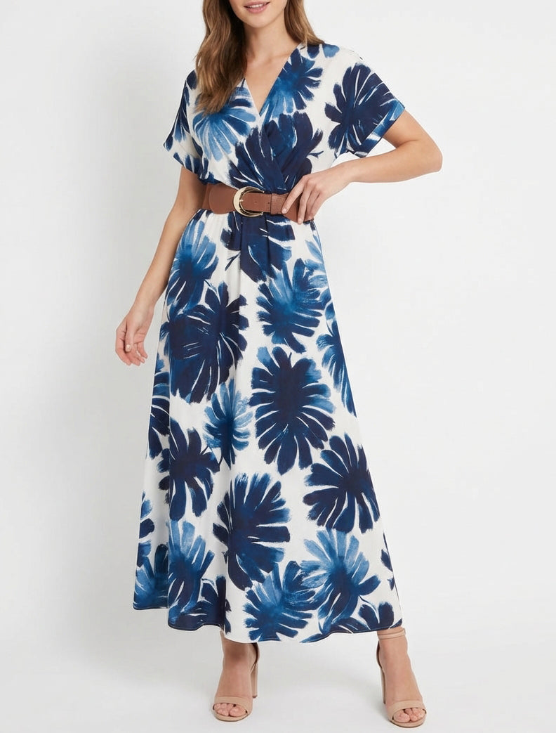 Robe longue cache-cœur imprimé feuillage - Marine