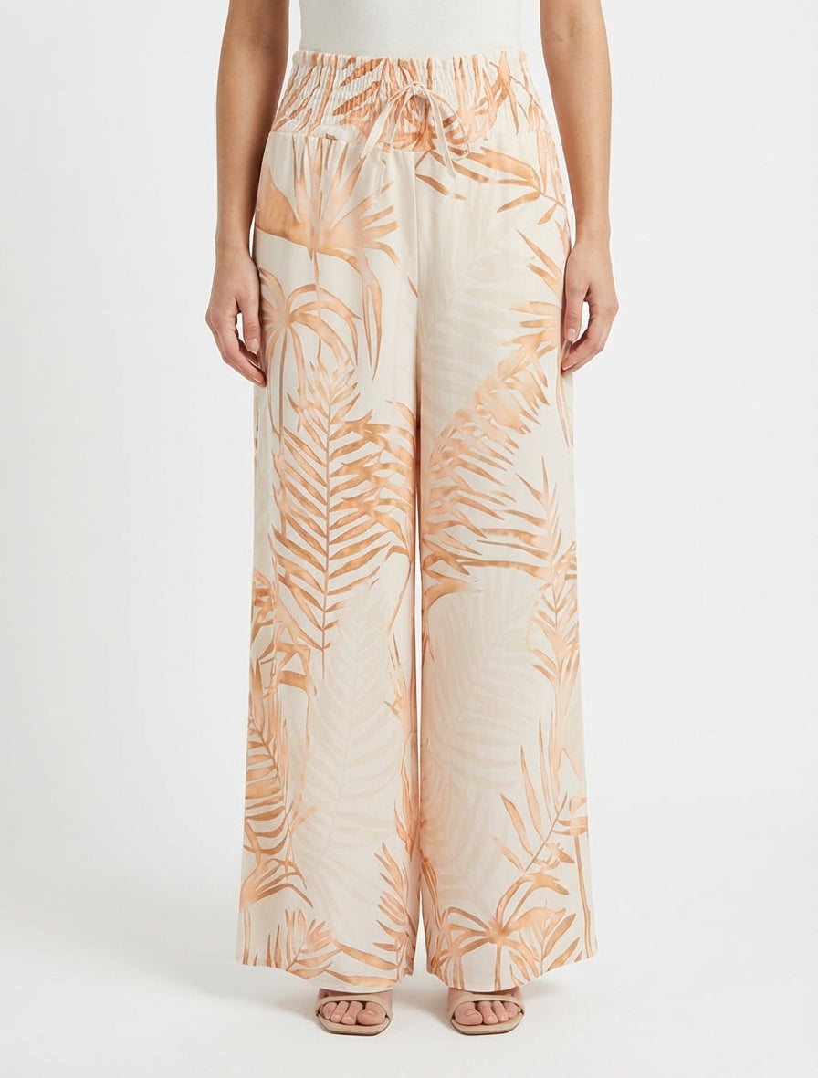 Pantalon imprimé feuillage à taille élastiquée - Beige