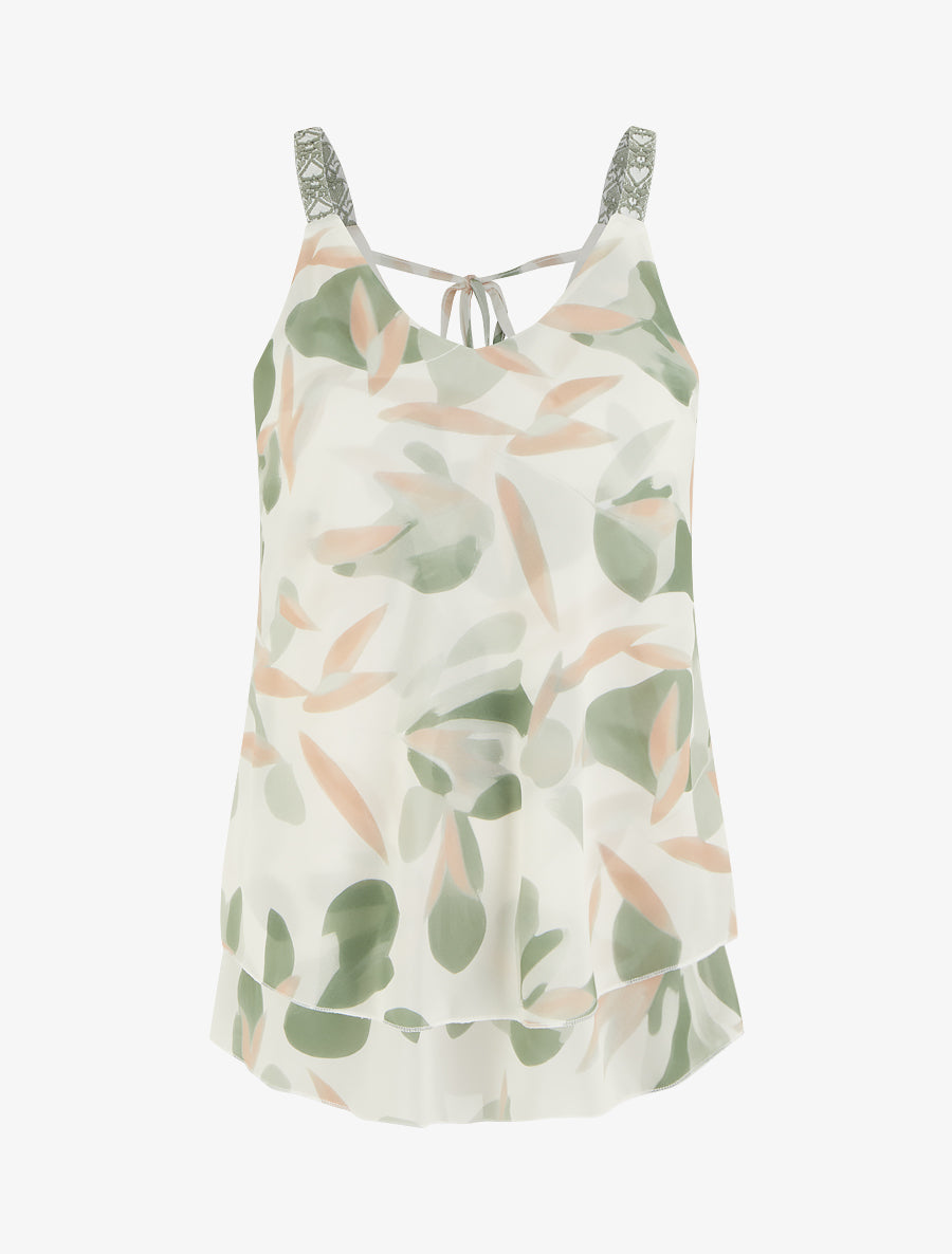 Caraco imprimé feuillages à bretelles brodées - Kaki - 1