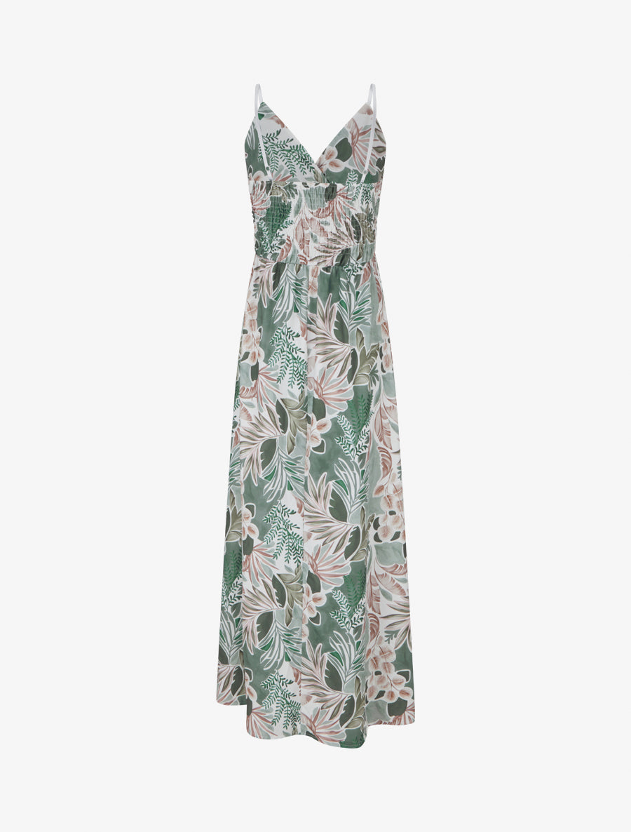 Robe longue à fines bretelles imprimé feuillage - Kaki - 2
