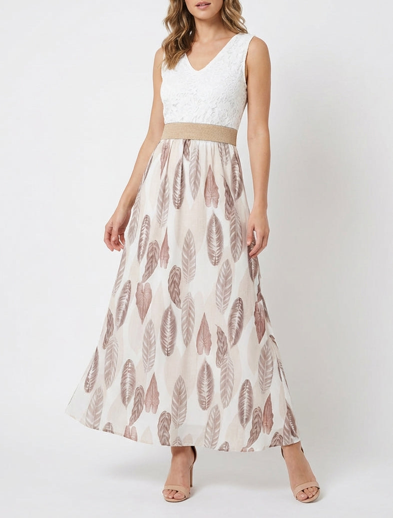 Robe longue à dentelle et imprimé feuilles - Beige