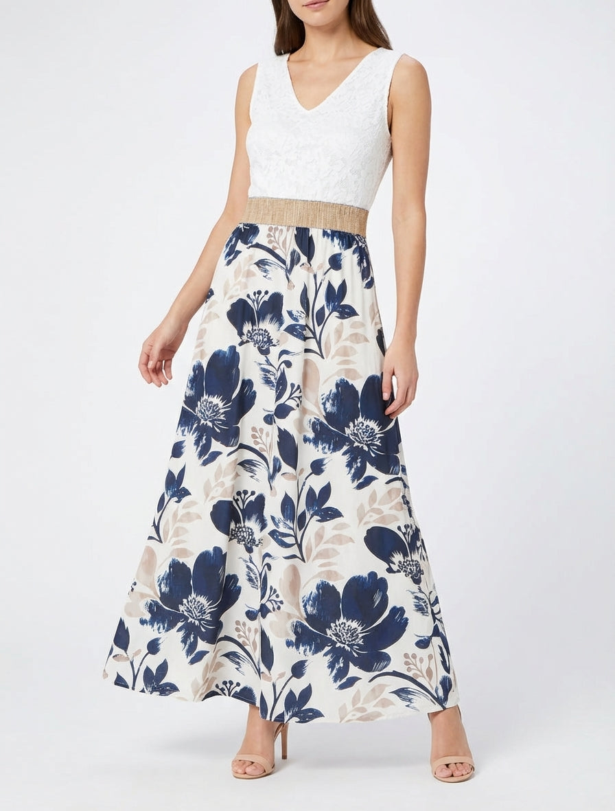 Robe longue à dentelle et imprimé floral - Marine