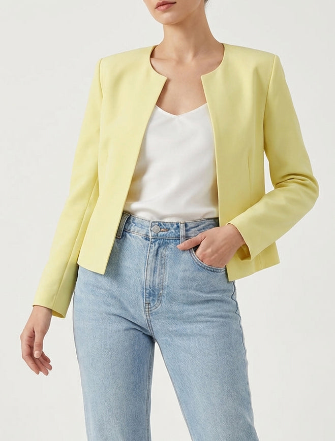 Veste droite à col rond et épaulettes - Jaune pastel