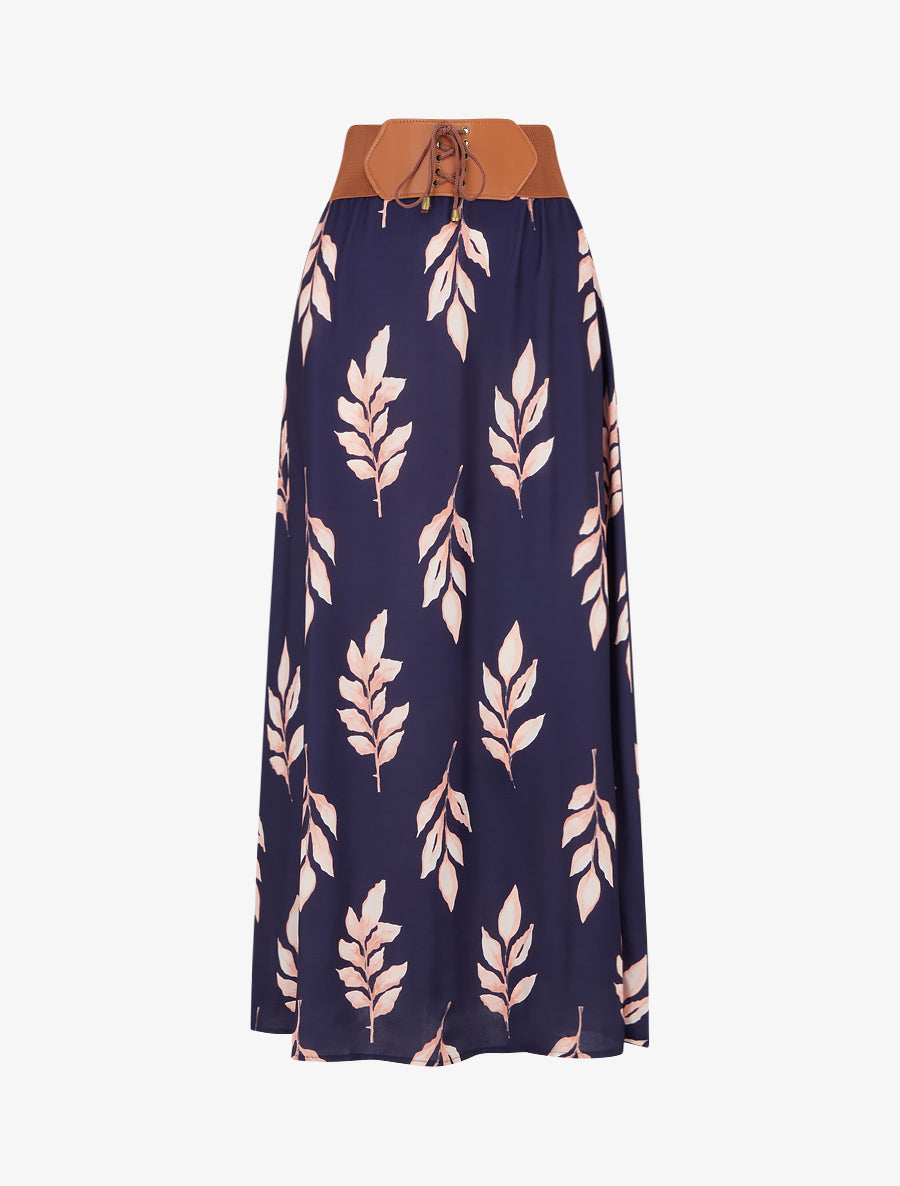 Jupe longue imprimé feuilles - Marine - 1