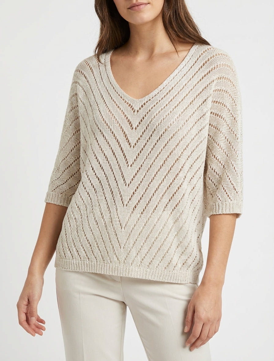 Pull en maille légère à col V - Beige