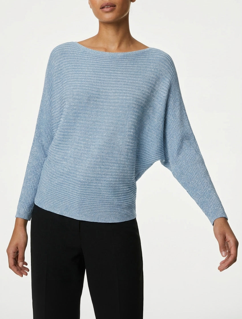 Pull fin irisé à manches longues chauves-souris - Bleu ciel