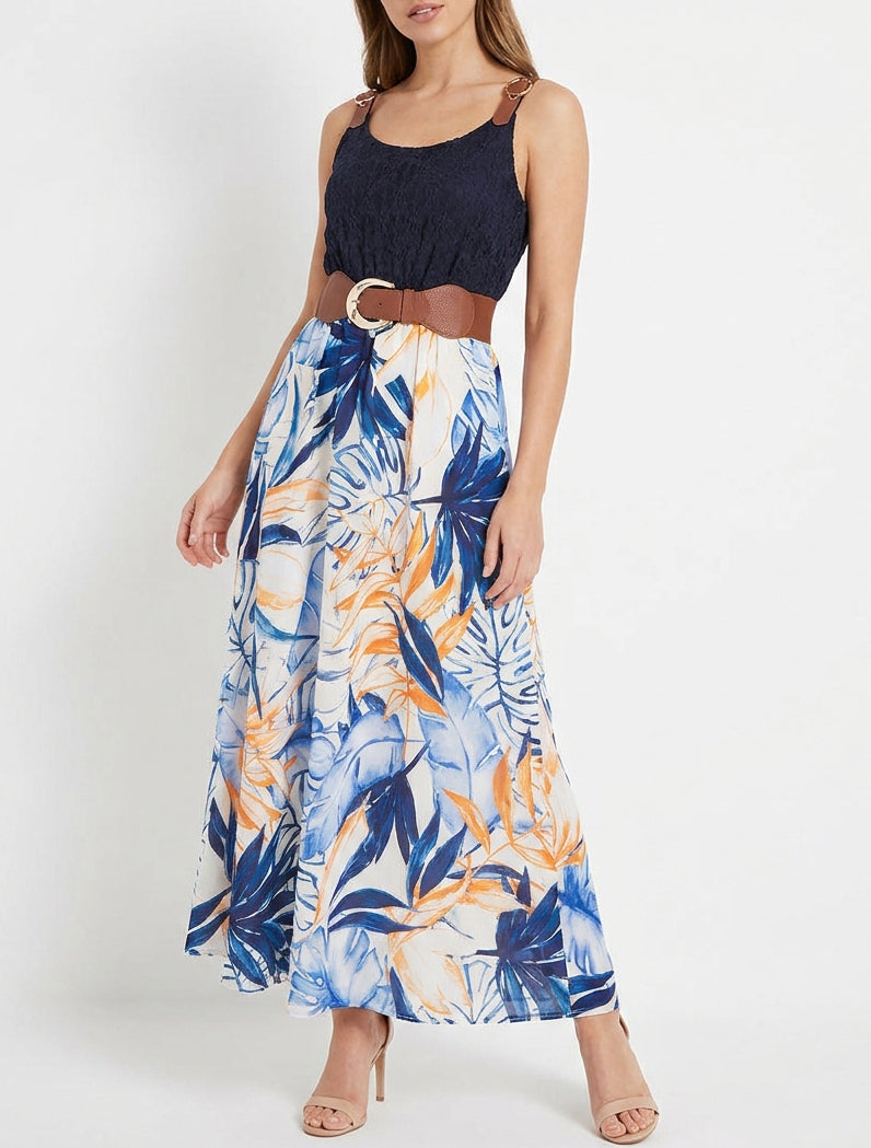 Robe longue à imprimé tropical et bretelles simili - Marine