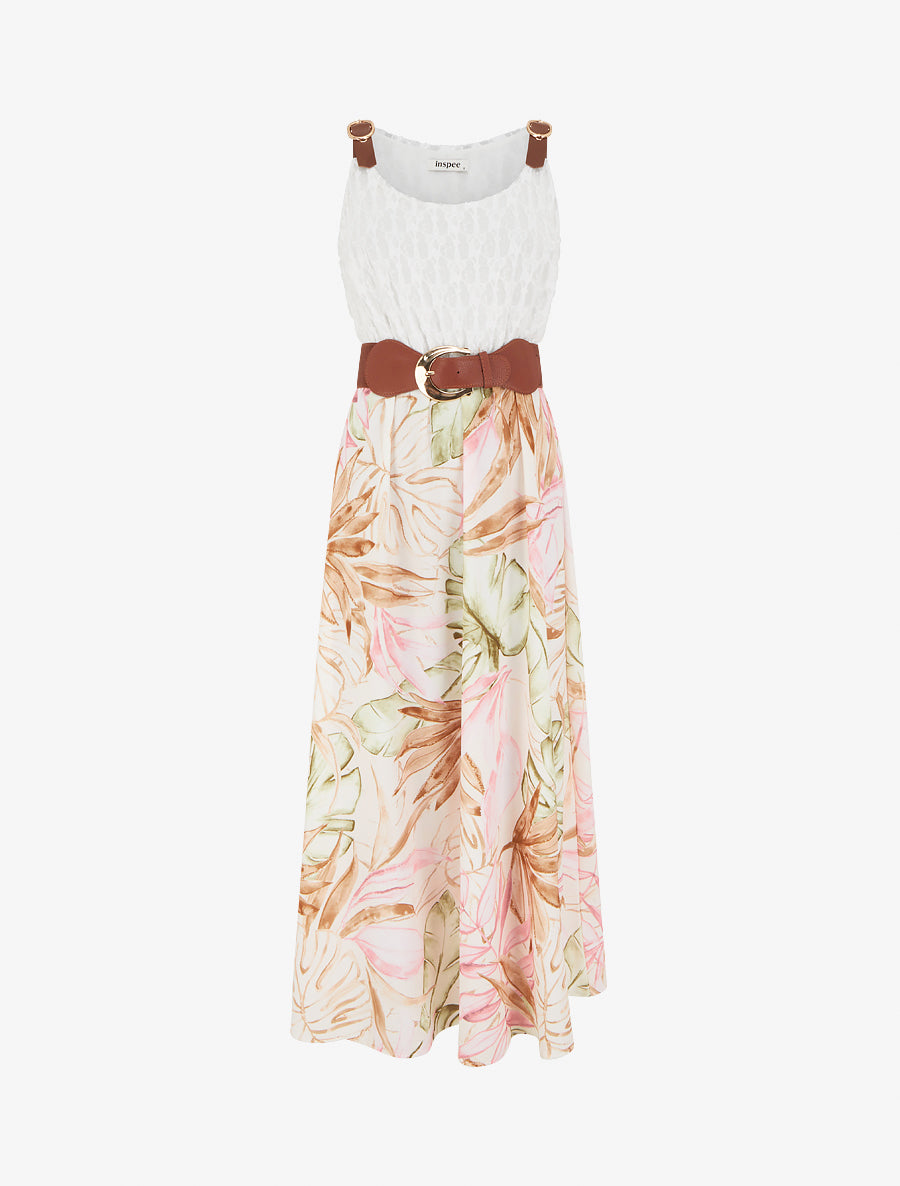 Robe longue à imprimé tropical et bretelles simili - Beige - 1