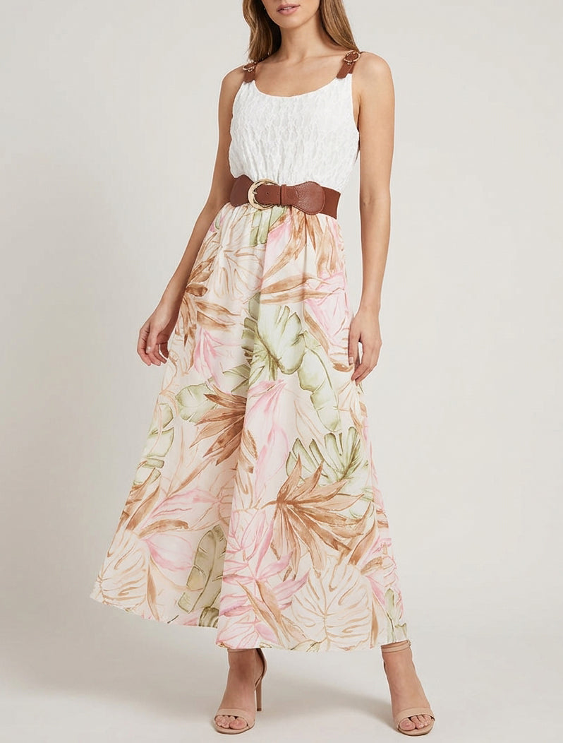 Robe longue à imprimé tropical et bretelles simili - Beige