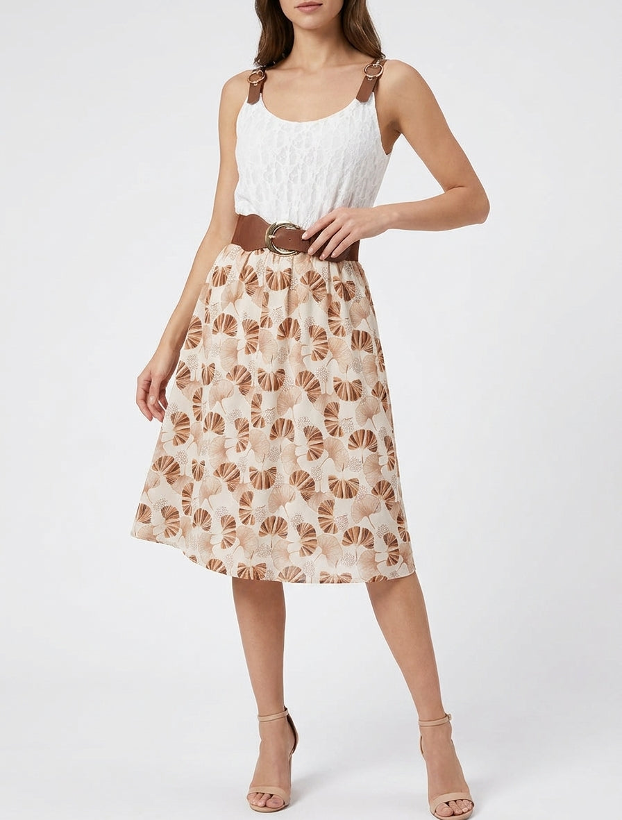 Robe mi-longue imprimé ginkgo et bretelles simili - Marron