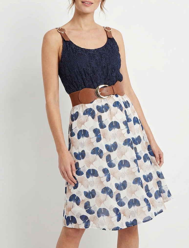 Robe mi-longue imprimé ginkgo et bretelles simili - Marine