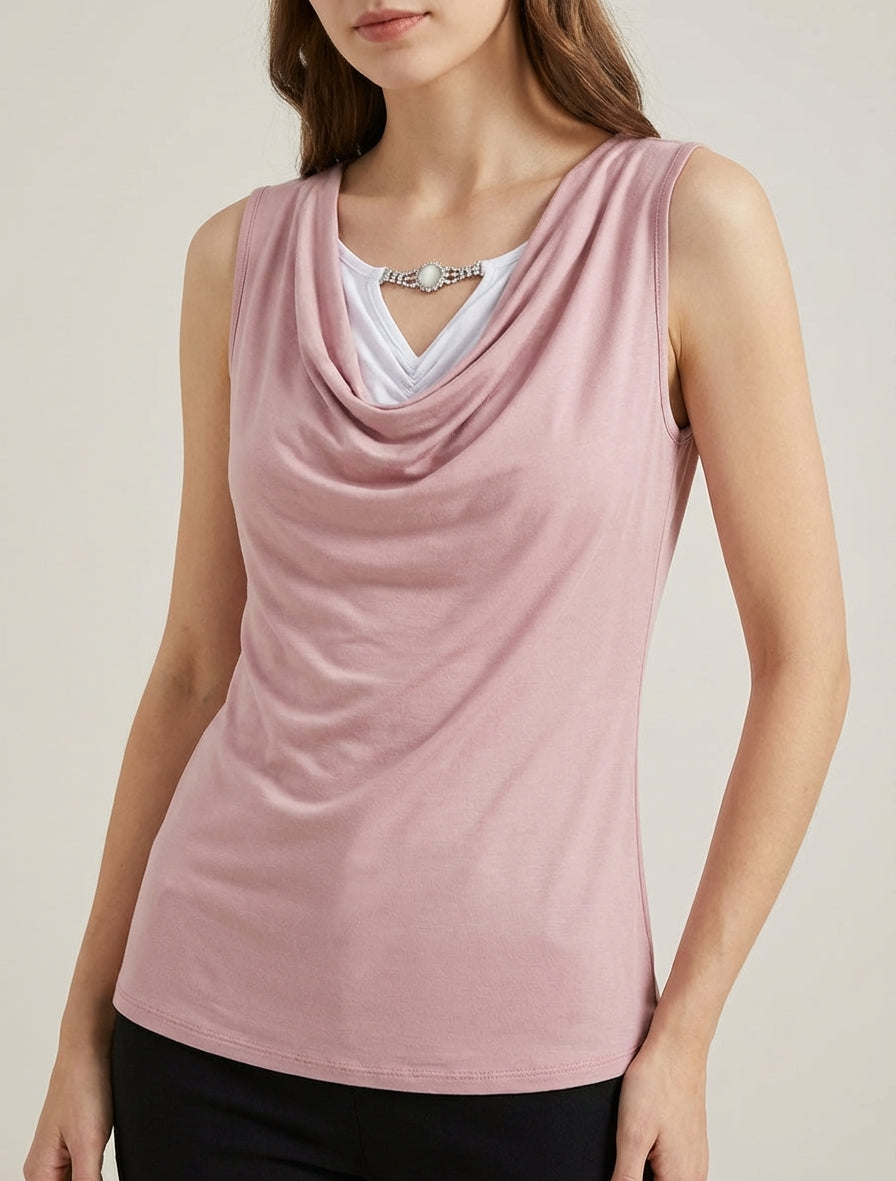 Top sans manches effet superposé à bijou - Rose