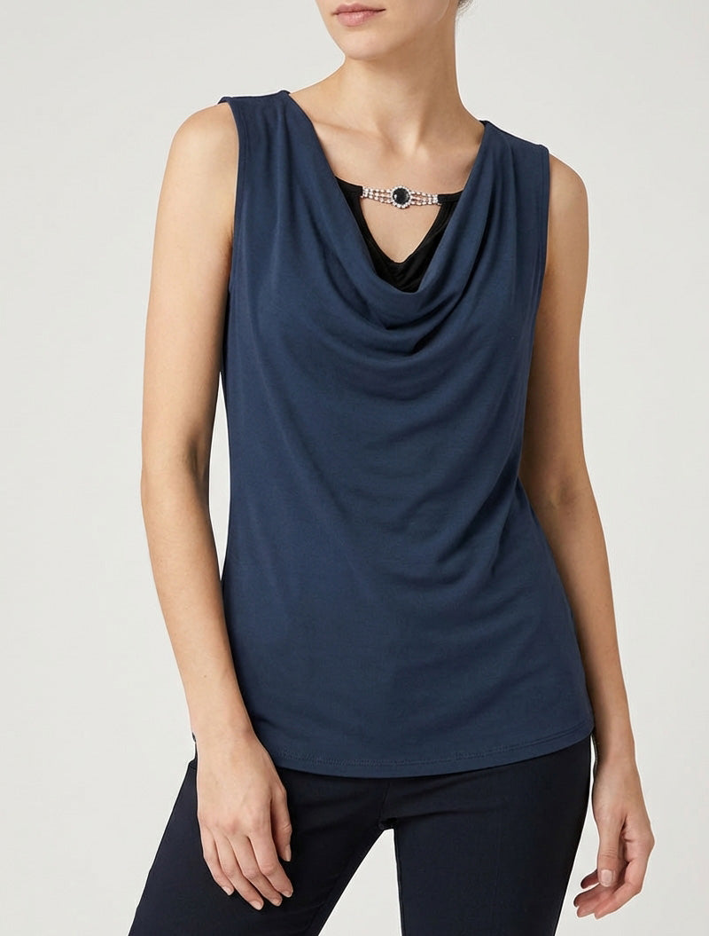 Top sans manches effet superposé à bijou - Marine