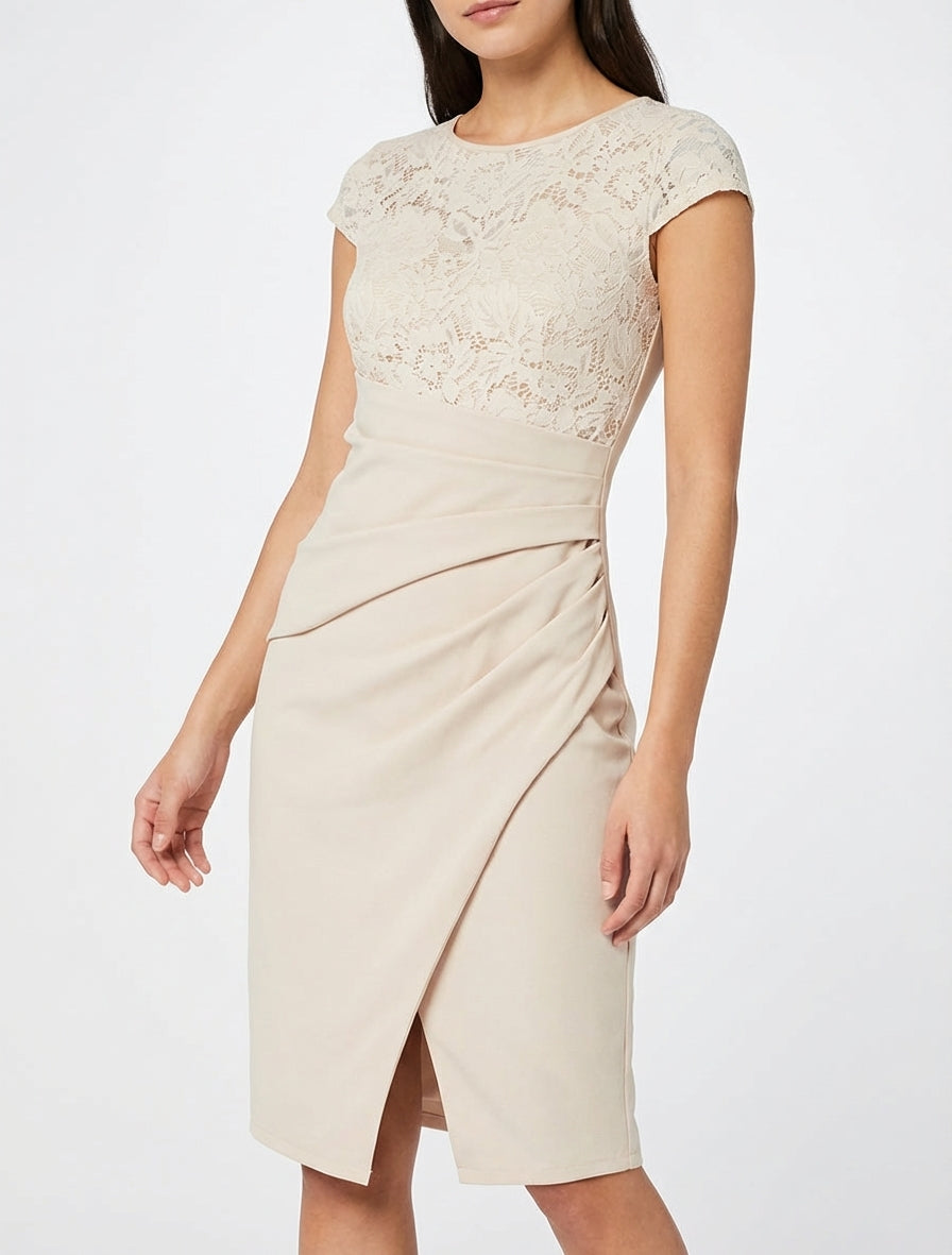Robe ajustée à dentelle et drapé - Beige