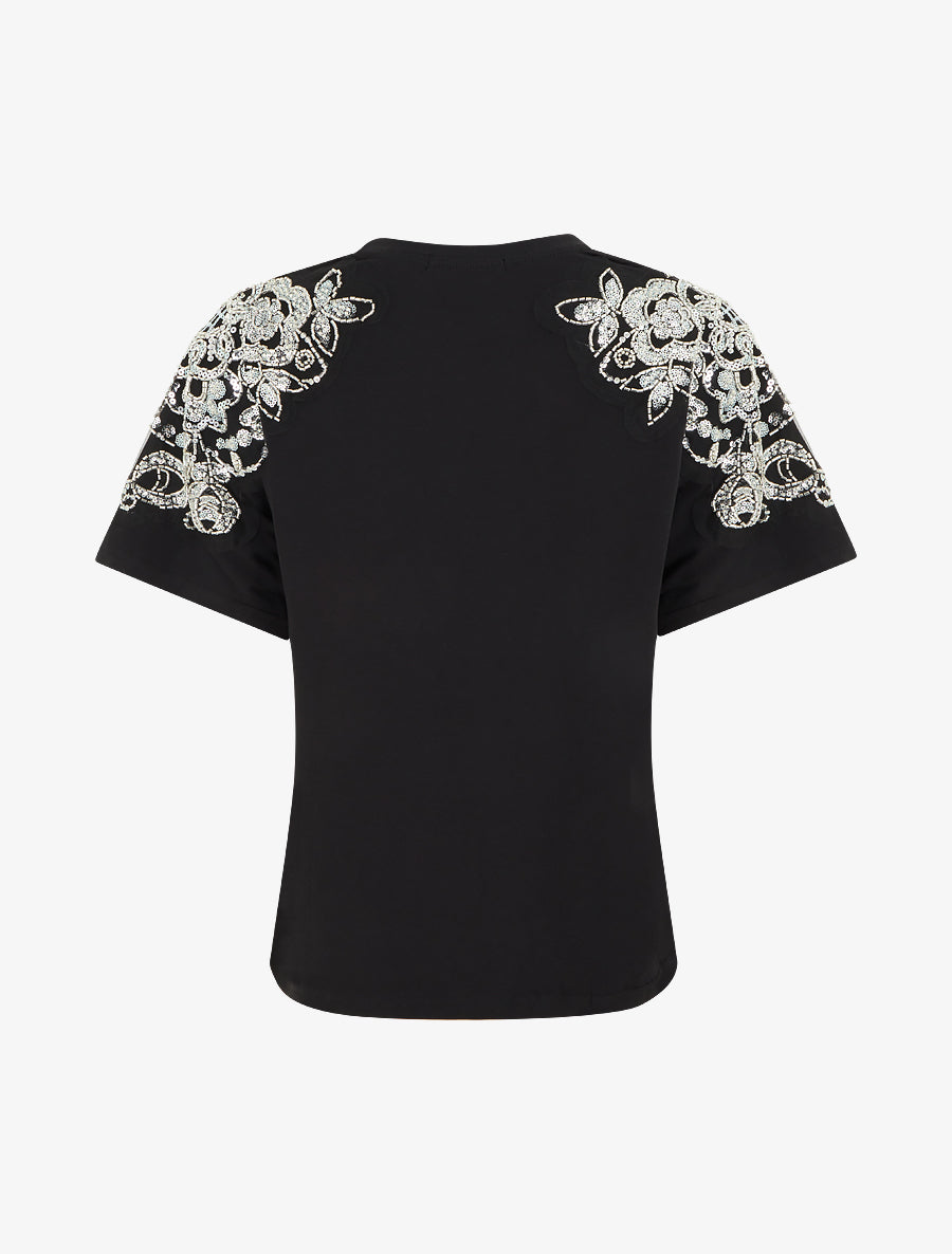 T-shirt manches courtes à épaules strassées - Noir - 2