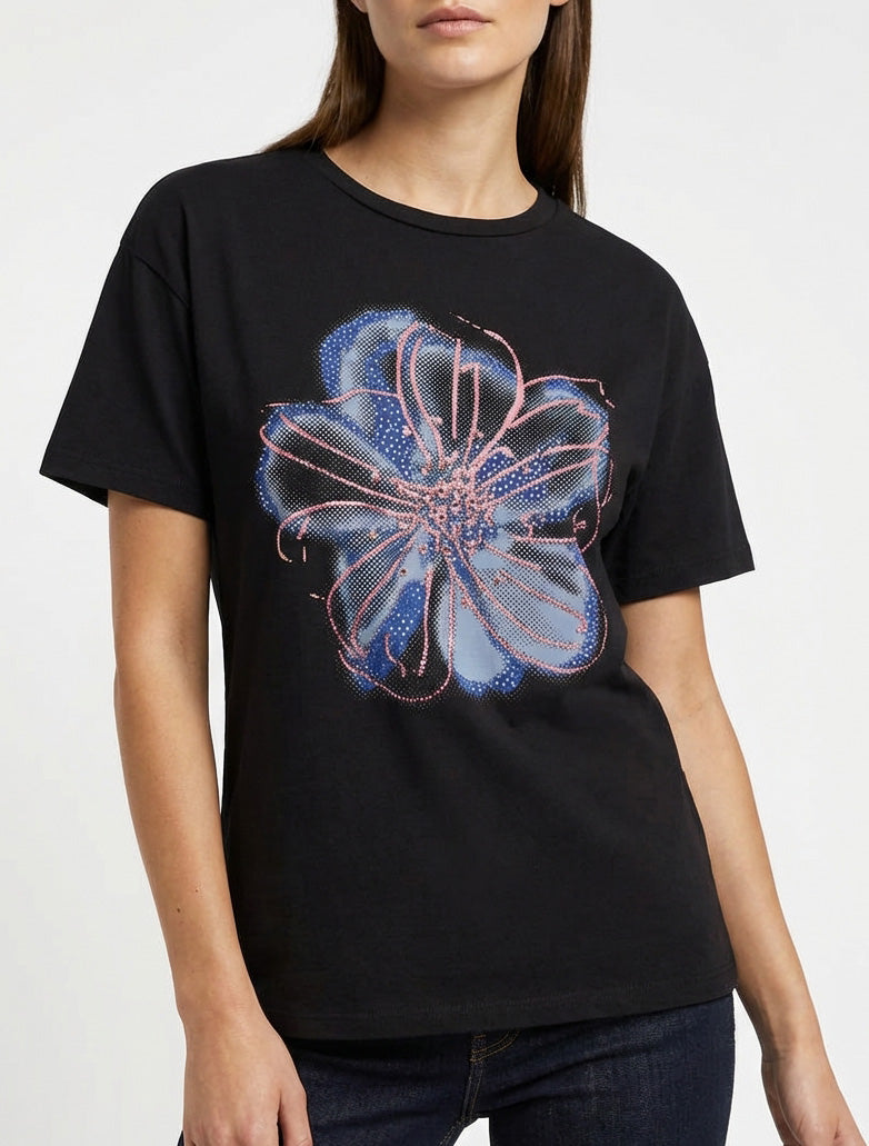 T-shirt à motif fleur et strass - Noir