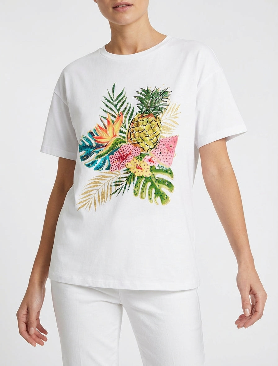T-shirt imprimé fruits et strass - Blanc