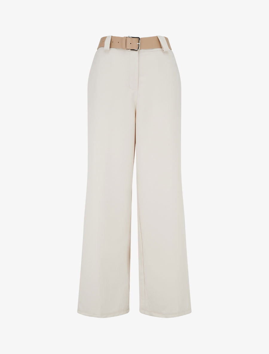 Pantalon droit uni élastiqué - Beige