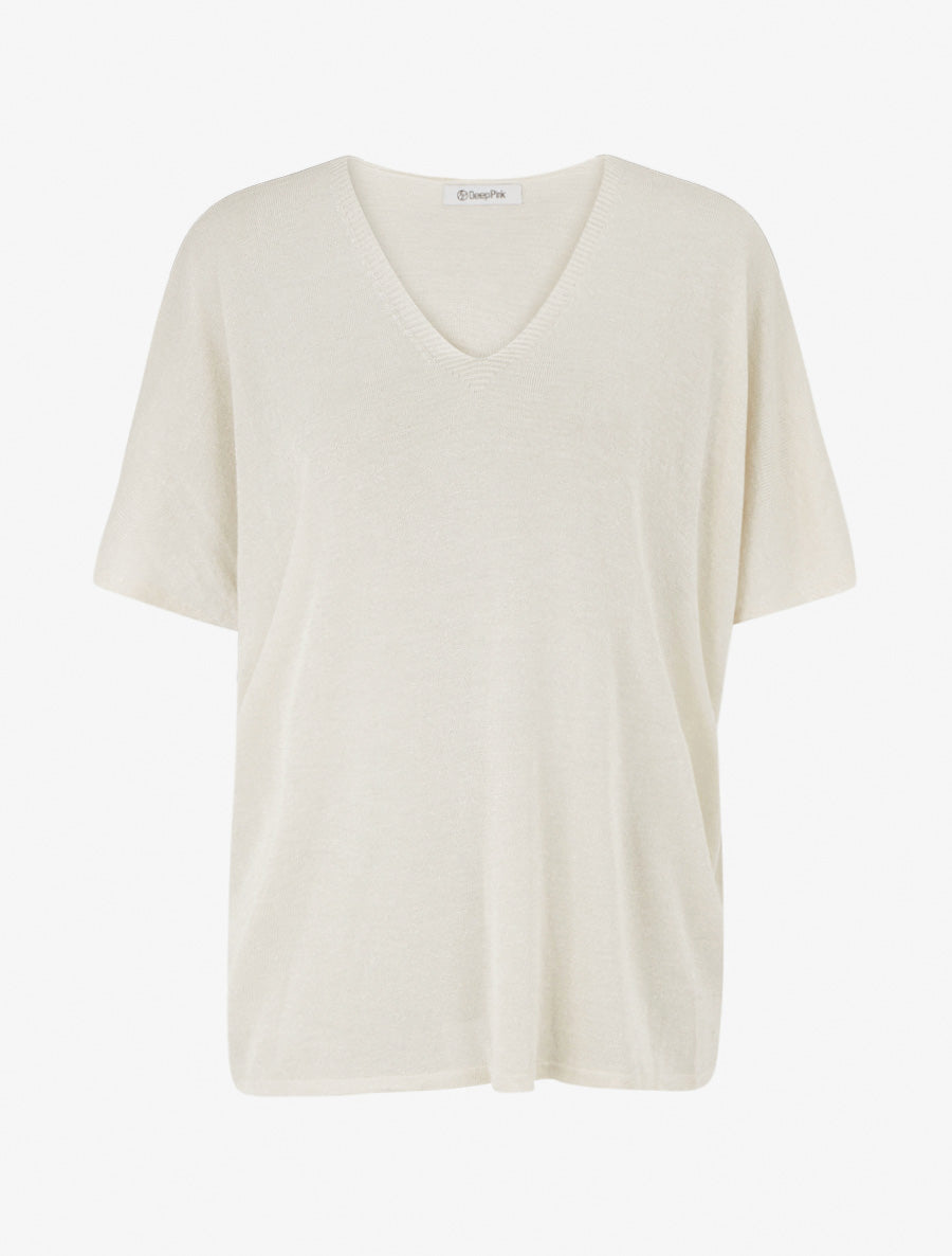 Top ample manches courtes en maille fine irisée - Beige - 1