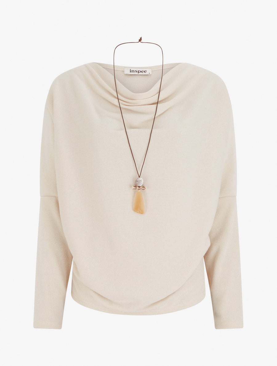 Pull fin à manches chauve-souris et col bénitier - Beige