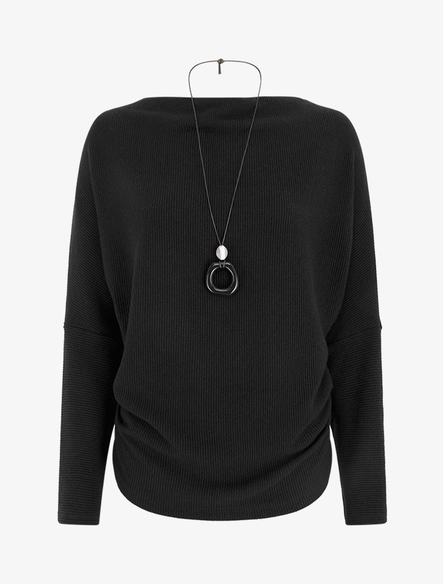 Pull côtelé à manches chauve-souris et col bénitier - Noir - 1