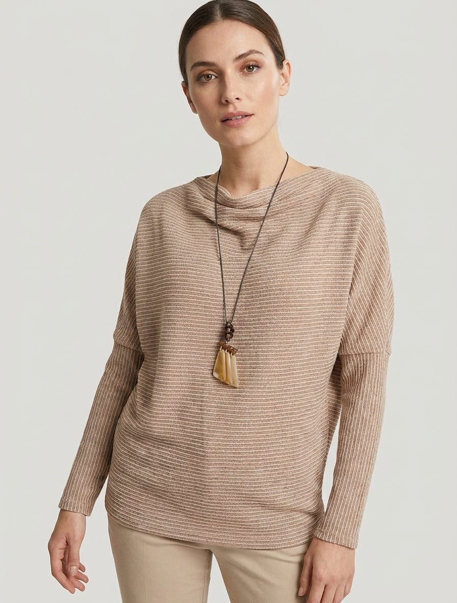 Pull à col bénitier en maille motif rayé - Camel